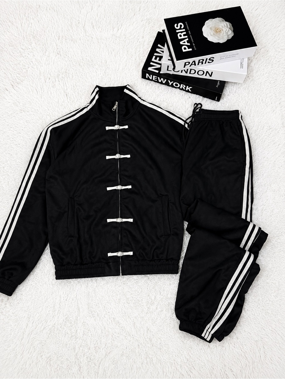 Men's Black Track Jacket & Pants Set with White Stripes